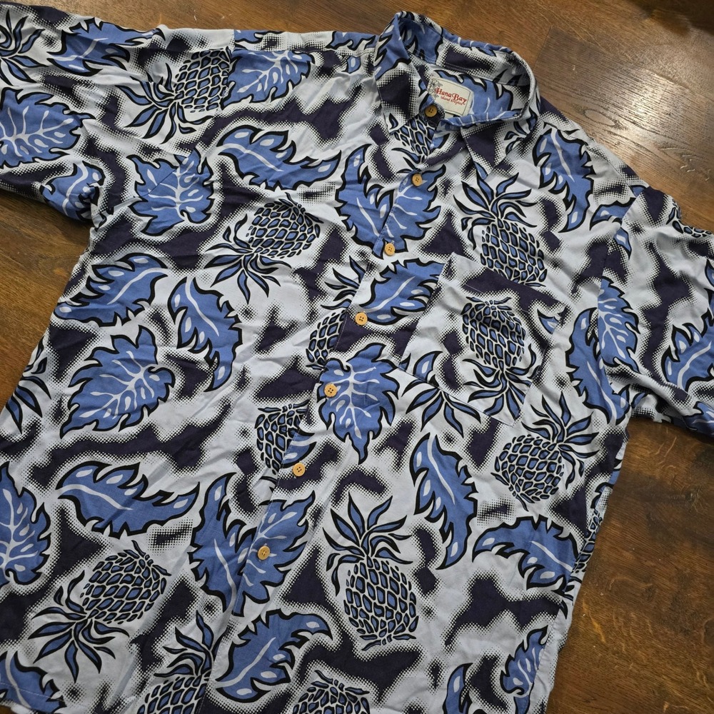 Hana Bay Island Tropics‎ Vintage Hawaiian Shirt Mens Large Blue Pineapple Rayon